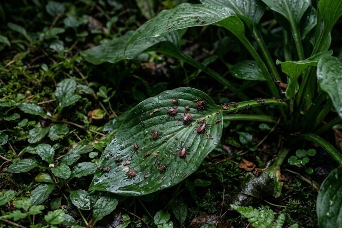 Carrapatos no jardim: gramado alto, forração compacta e cerca viva criam sombra e umidade. Entenda como drenagem e poda reduzem o risco.