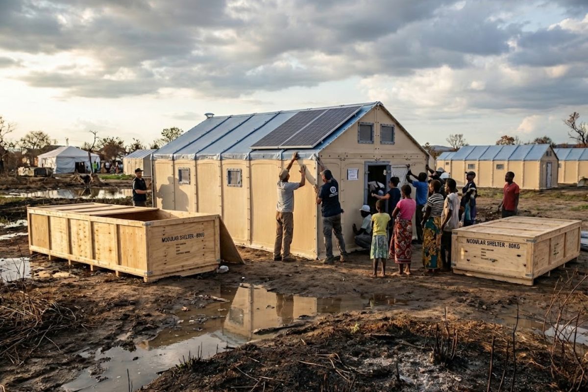 casa modular vira abrigo emergencial com painel solar, resistente a enchentes e resistente ao fogo para famílias em crise.