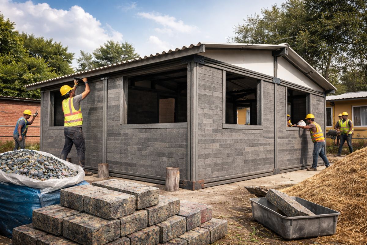 tijolos de plástico reciclado na Colômbia: Guapi vira prova de construção rápida para habitação emergencial, com custo e segurança sísmica em foco.