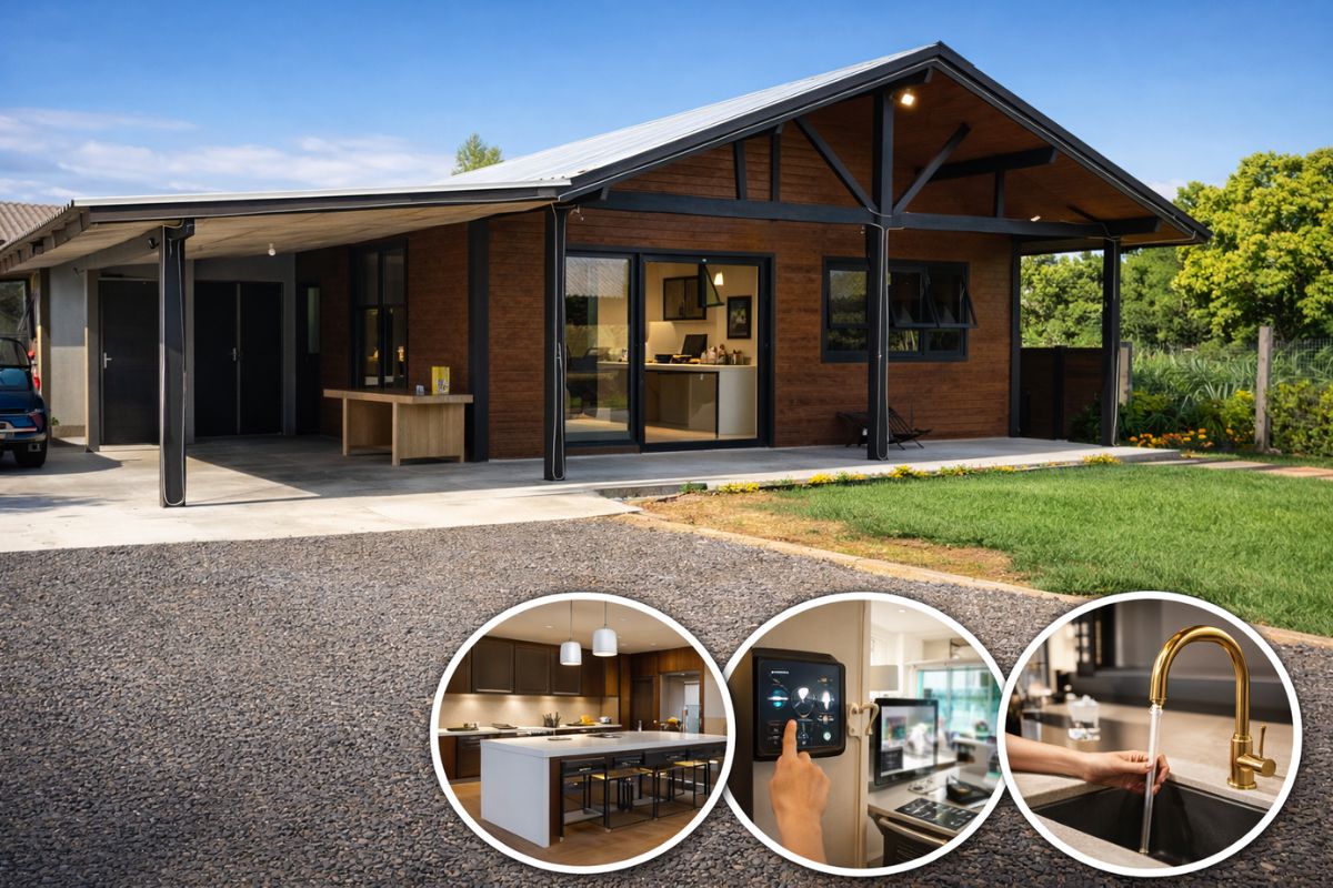 casa de 103 m² sem financiamento mostra acabamento interno, automação e cozinha como prioridades de custo em obra paga à vista.