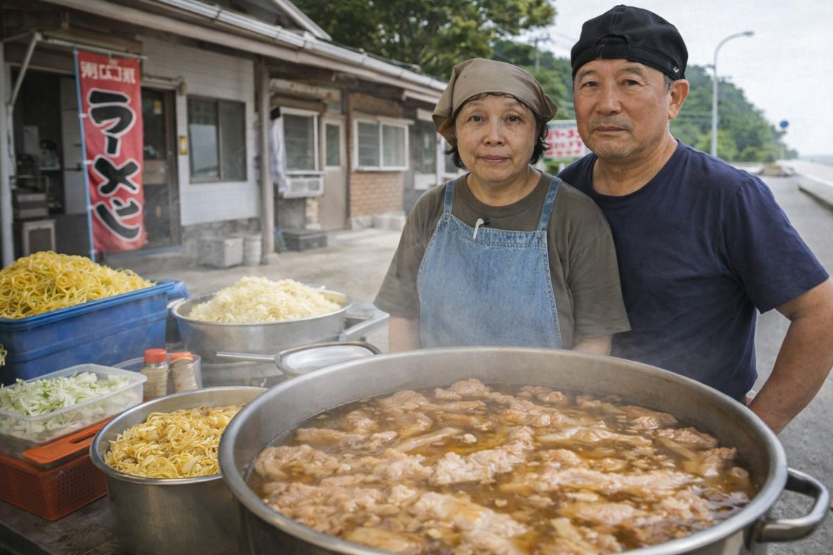 ramen em Iyo, Ehime: loja de ramen Ramen Shop Futami mantém caldo firme e atrai fãs que viajam horas por uma tigela à beira-mar.