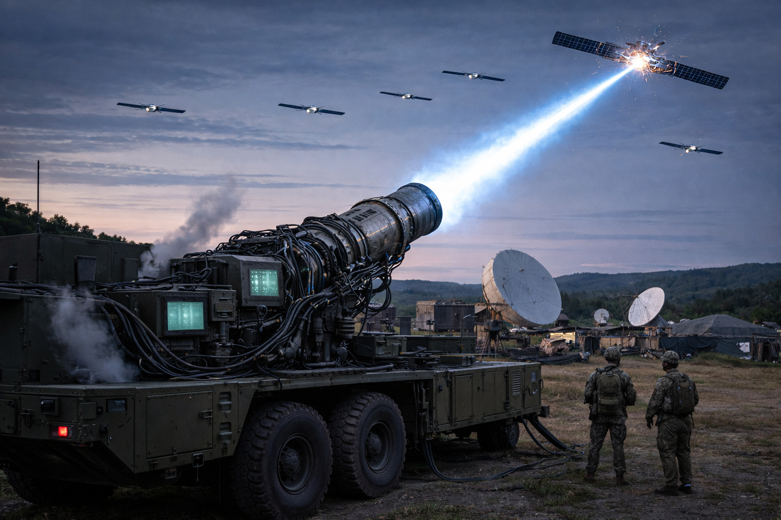 Sistema terrestre de energia direcionada montado em caminhão militar apontado para satélites em órbita durante teste noturno de tecnologia de pulso de alta potência.