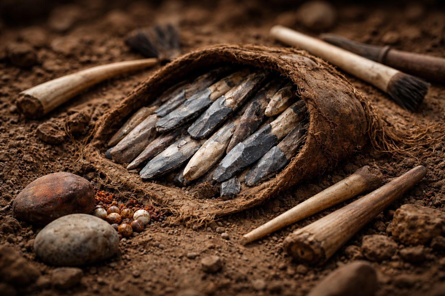 Conjunto de 29 lâminas de sílex agrupadas dentro de bolsa de couro em escavação arqueológica no sítio Milovice IV, associado à cultura gravetiense do Paleolítico Superior.