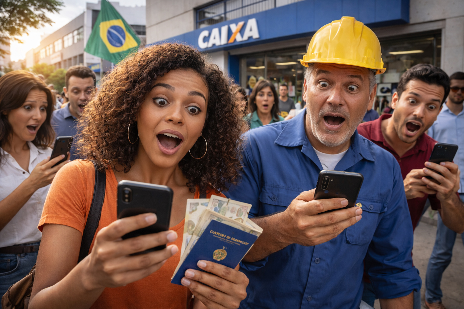 Trabalhadores brasileiros com expressão de surpresa consultam o celular em frente a agência da Caixa após mudança na data do PIS/Pasep 2026.