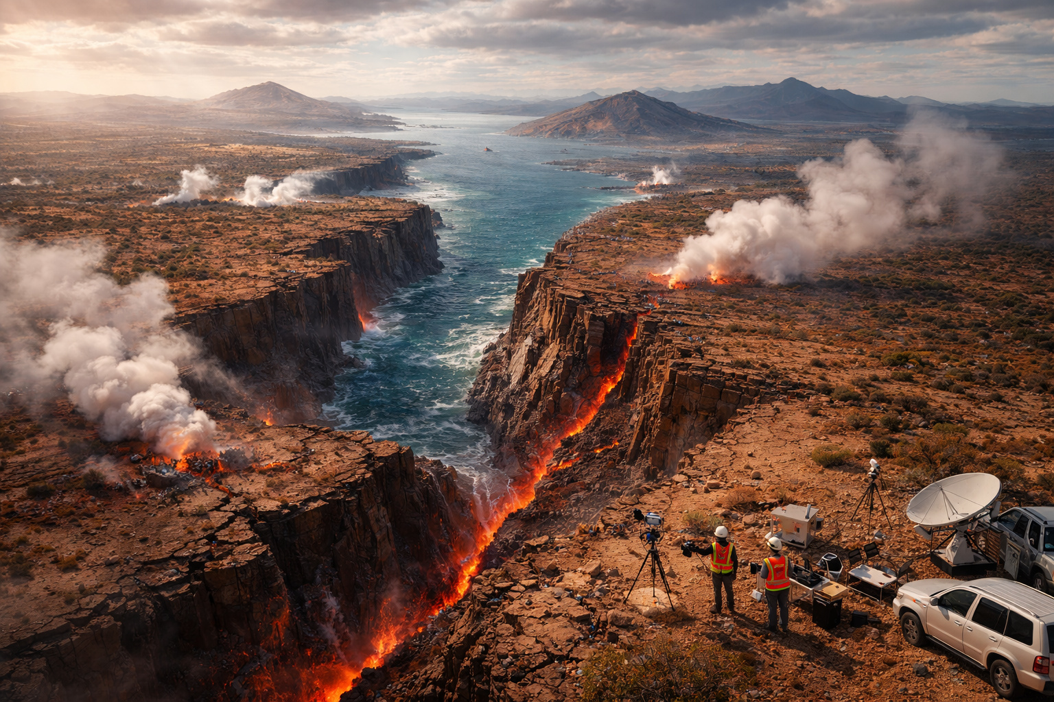 Rift da África Oriental com fissura ativa no deserto de Afar, lava visível, pesquisadores monitorando placas tectônicas Somali e Núbia e indícios de formação de novo oceano.