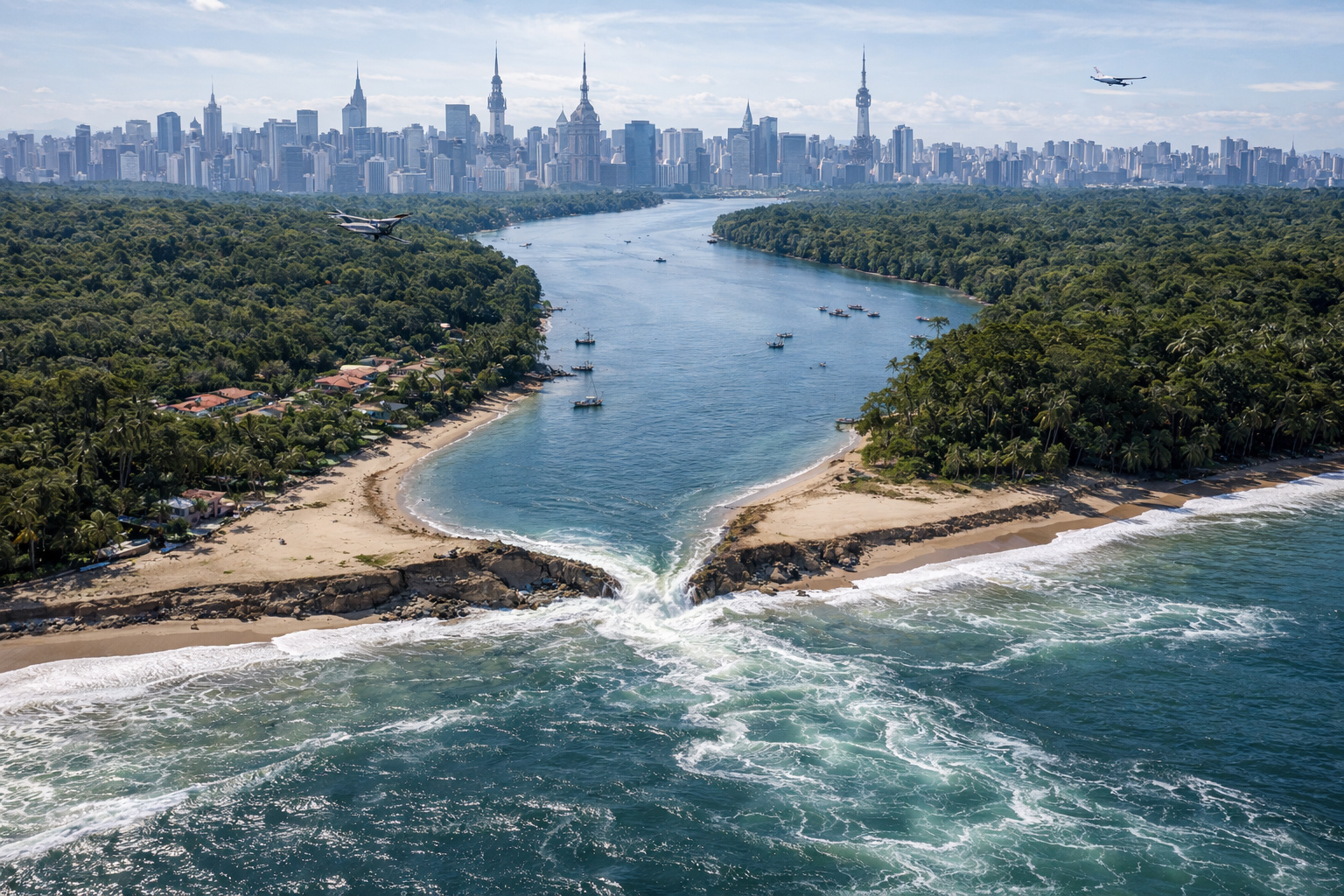 Vista aérea do Estreito do Melão, em Cananéia, mostrando erosão avançada, abertura de canal entre mar e estuário e referência ao estado de São Paulo ao fundo.