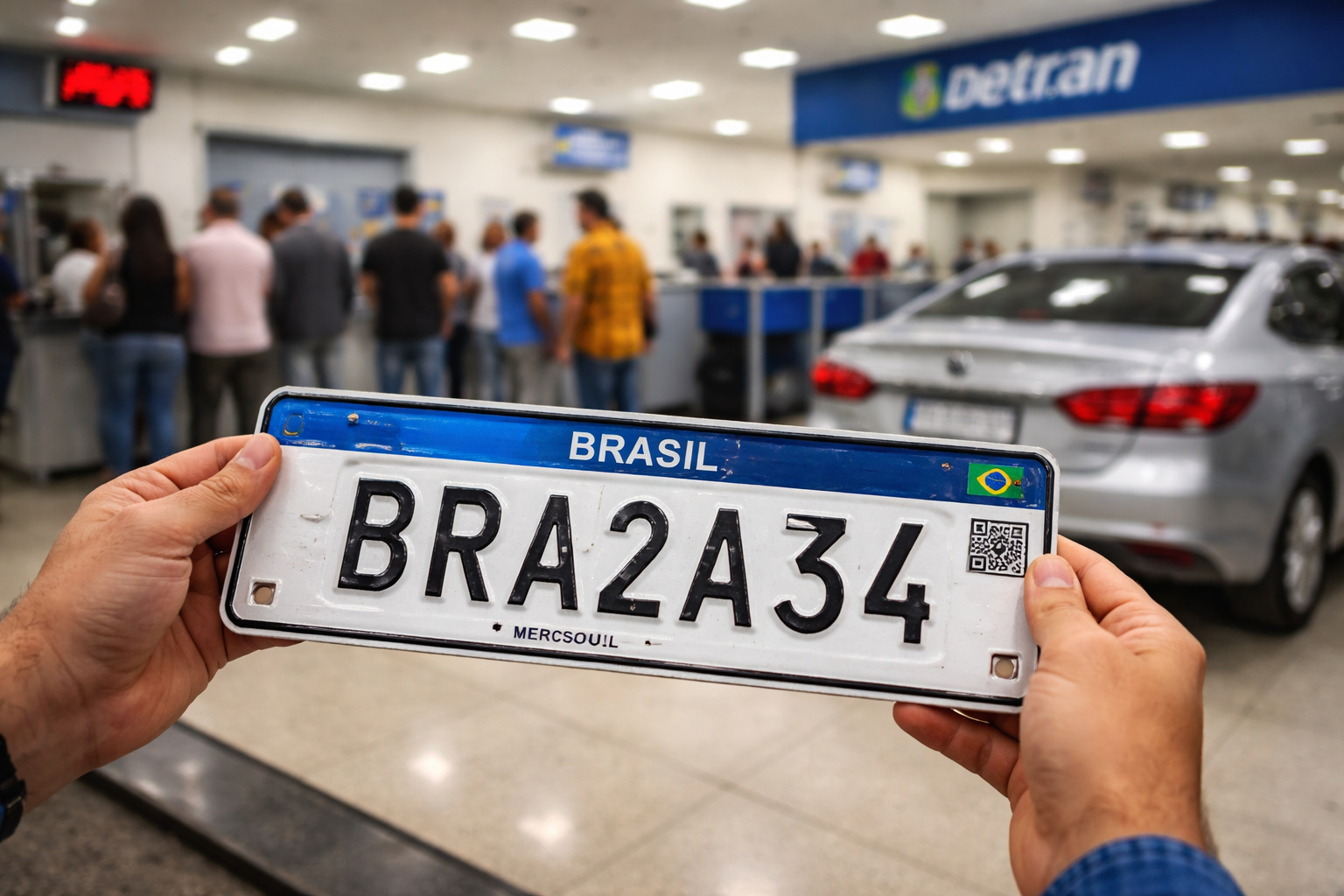 Motorista segurando placa Mercosul dentro de unidade do Detran enquanto aguarda atendimento para troca obrigatória.