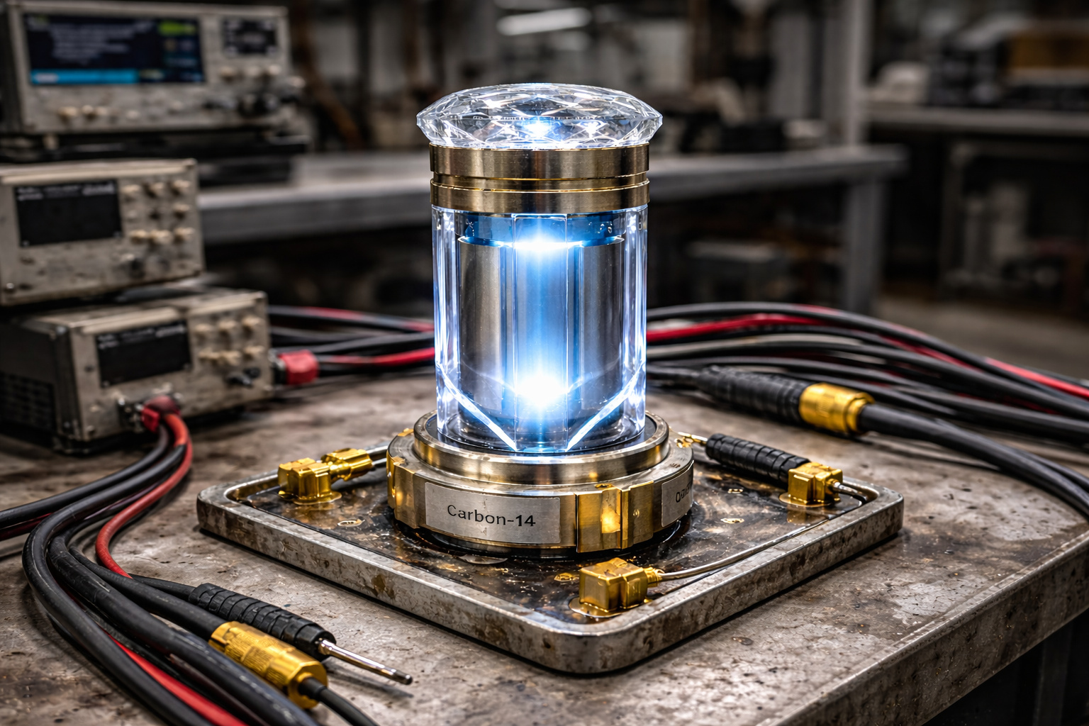 Protótipo de bateria nuclear de carbono-14 em bancada de laboratório com cabos conectados e equipamentos eletrônicos ao fundo.