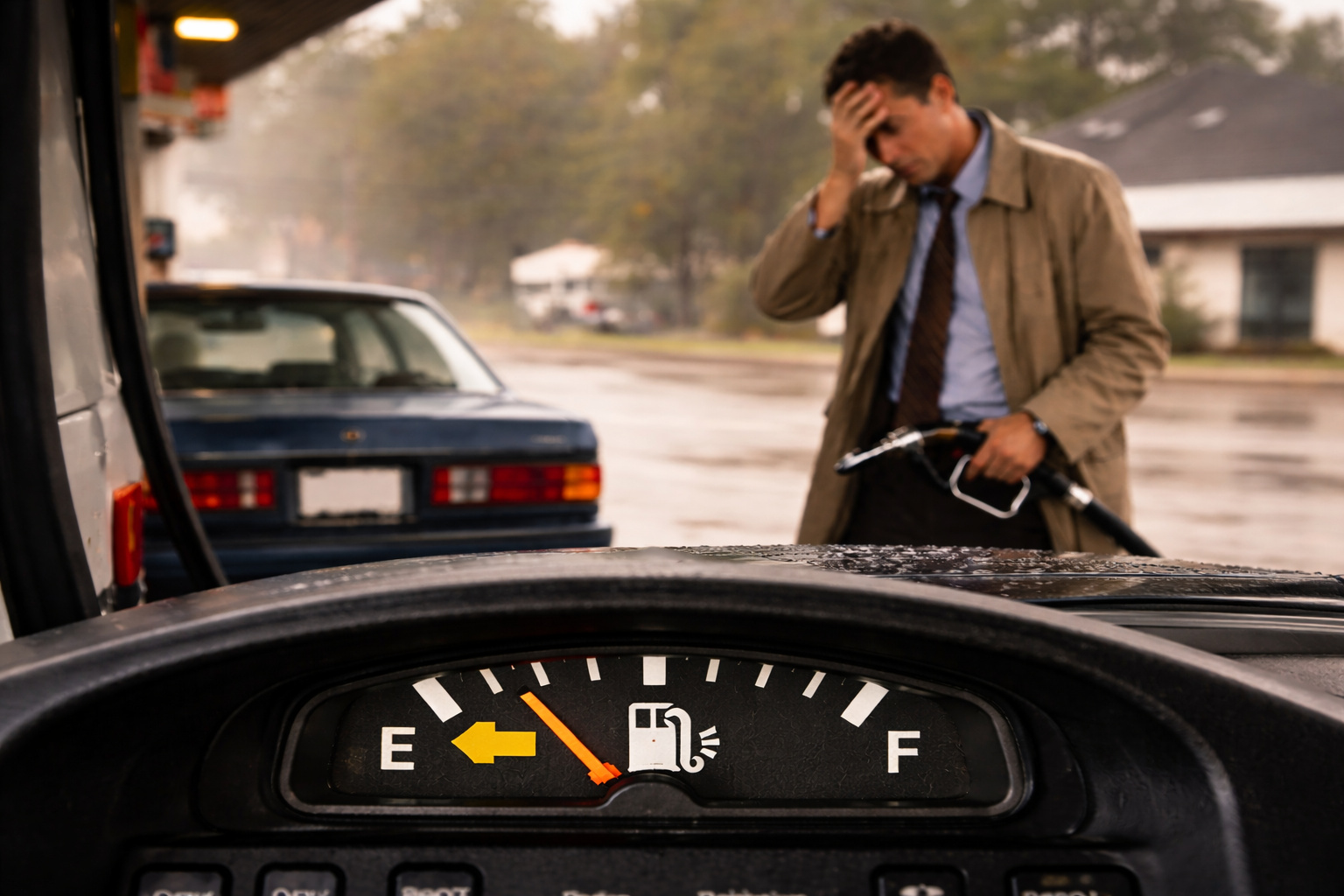 Painel de carro com seta indicadora do lado do tanque apontando para a esquerda, com posto de combustível desfocado ao fundo.