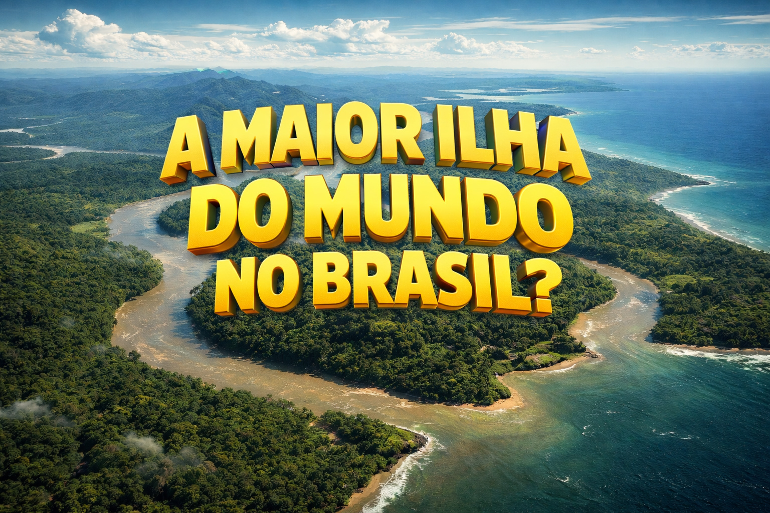 Vista aérea ultra realista da Ilha das Guianas no Norte do Brasil, com rios amazônicos, floresta densa e litoral fluvio-marinho.