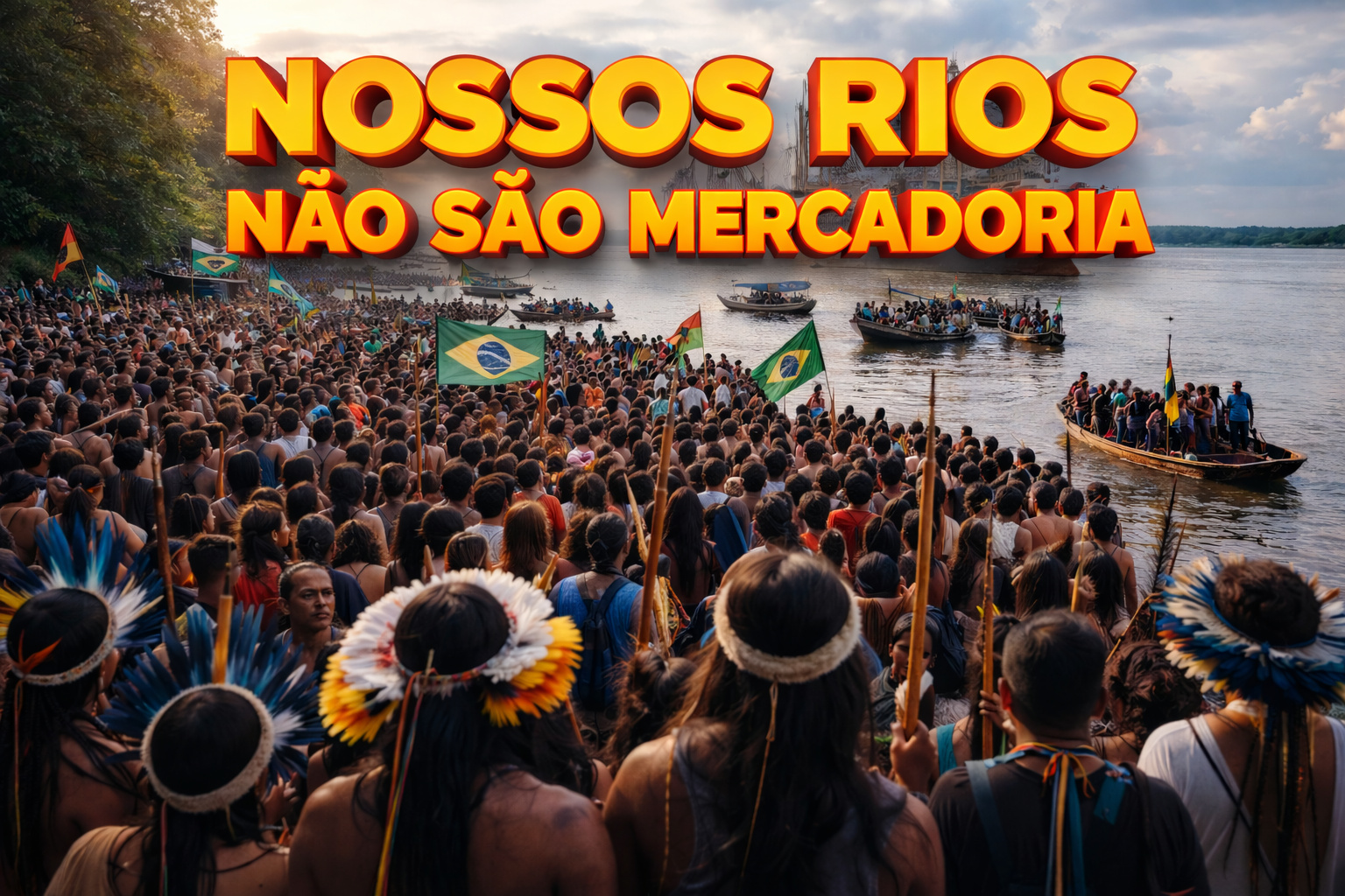 Protesto indígena às margens do rio Tapajós contra privatização dos rios da Amazônia, com embarcações no rio e navio cargueiro ao fundo, frase “Nossos rios não são mercadoria” em destaque.