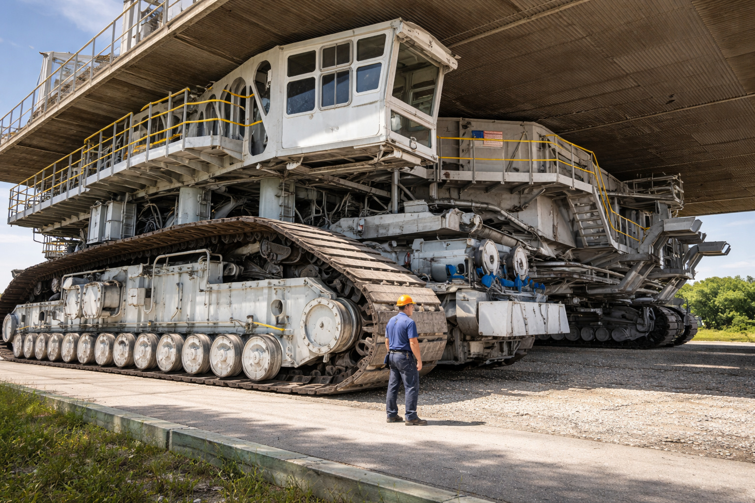 Maior veículo autopropulsado do mundo, similar ao Crawler-Transporter 2 da NASA, com esteiras gigantes e cabine elevada, utilizado no transporte do foguete SLS do programa Artemis.