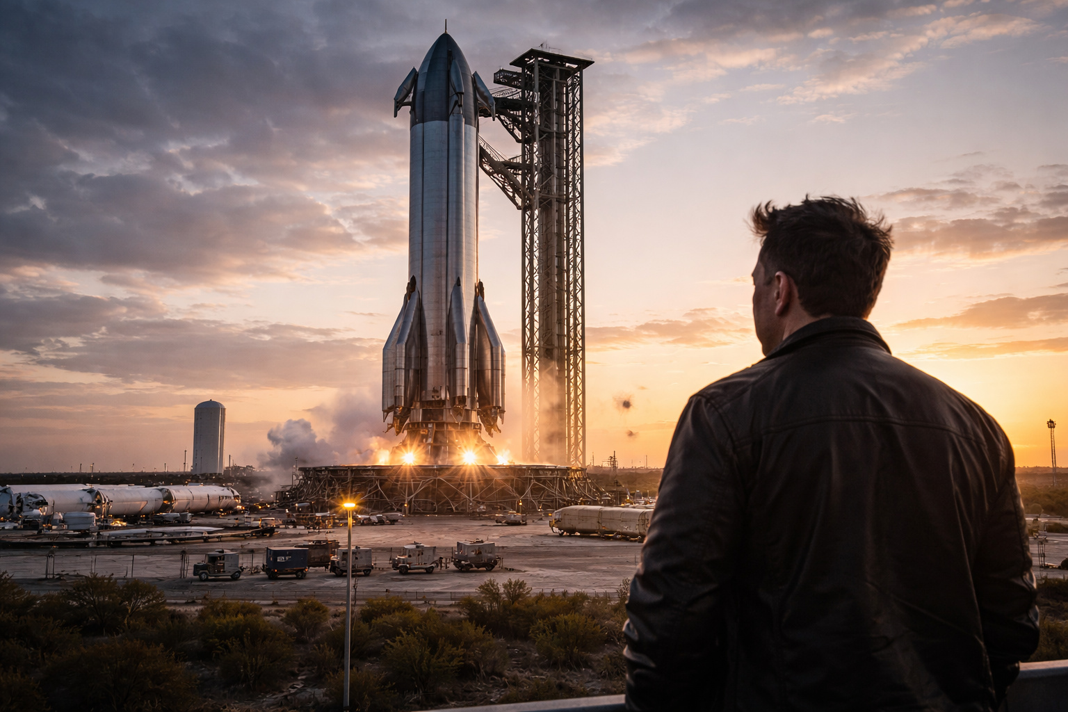 Elon Musk observa foguete Starship da SpaceX na plataforma de lançamento ao pôr do sol, em base espacial nos Estados Unidos.