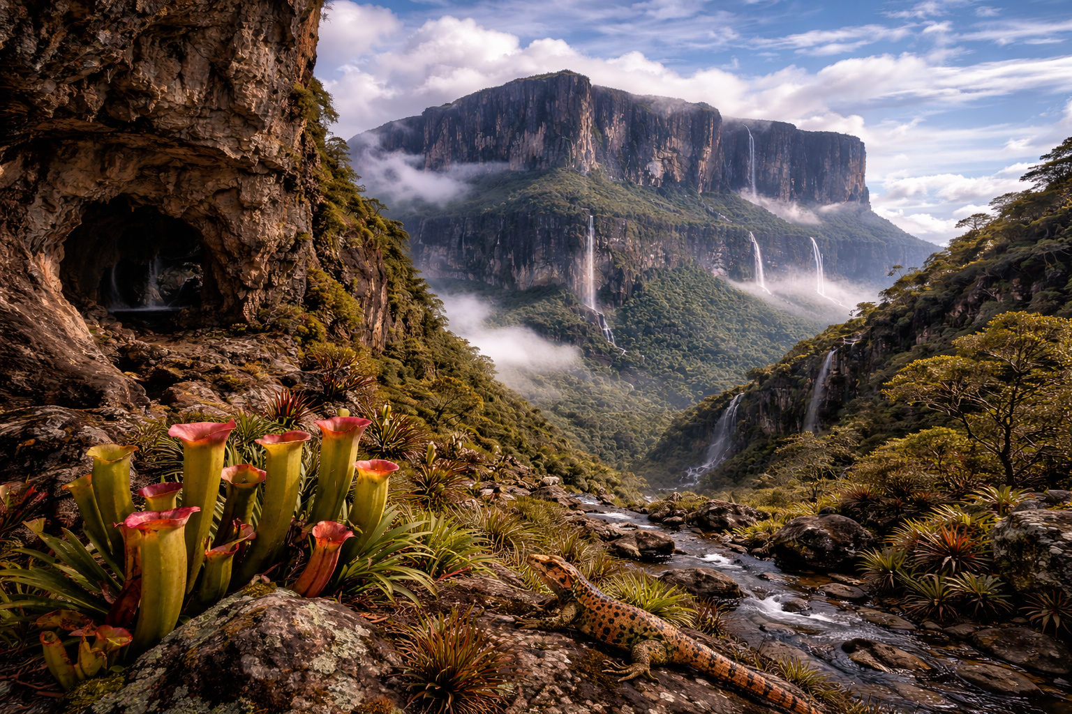 Monte Roraima com topo plano envolto por nuvens, paredões de arenito e quartzito, cachoeiras, vegetação endêmica e plantas carnívoras na tríplice fronteira entre Brasil, Venezuela e Guiana.