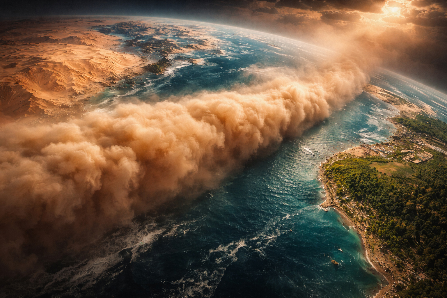 Imagem de satélite mostra poeira do deserto do Saara atravessando o oceano Atlântico em direção ao Brasil.
