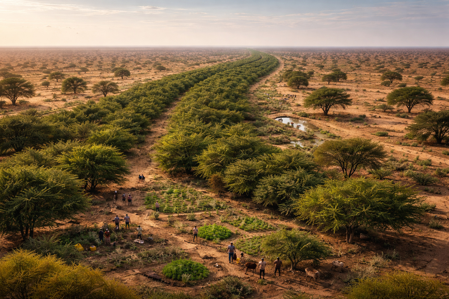 Faixa verde da Grande Muralha Verde no Sahel com agricultores plantando árvores e vegetação contrastando com área árida ao redor