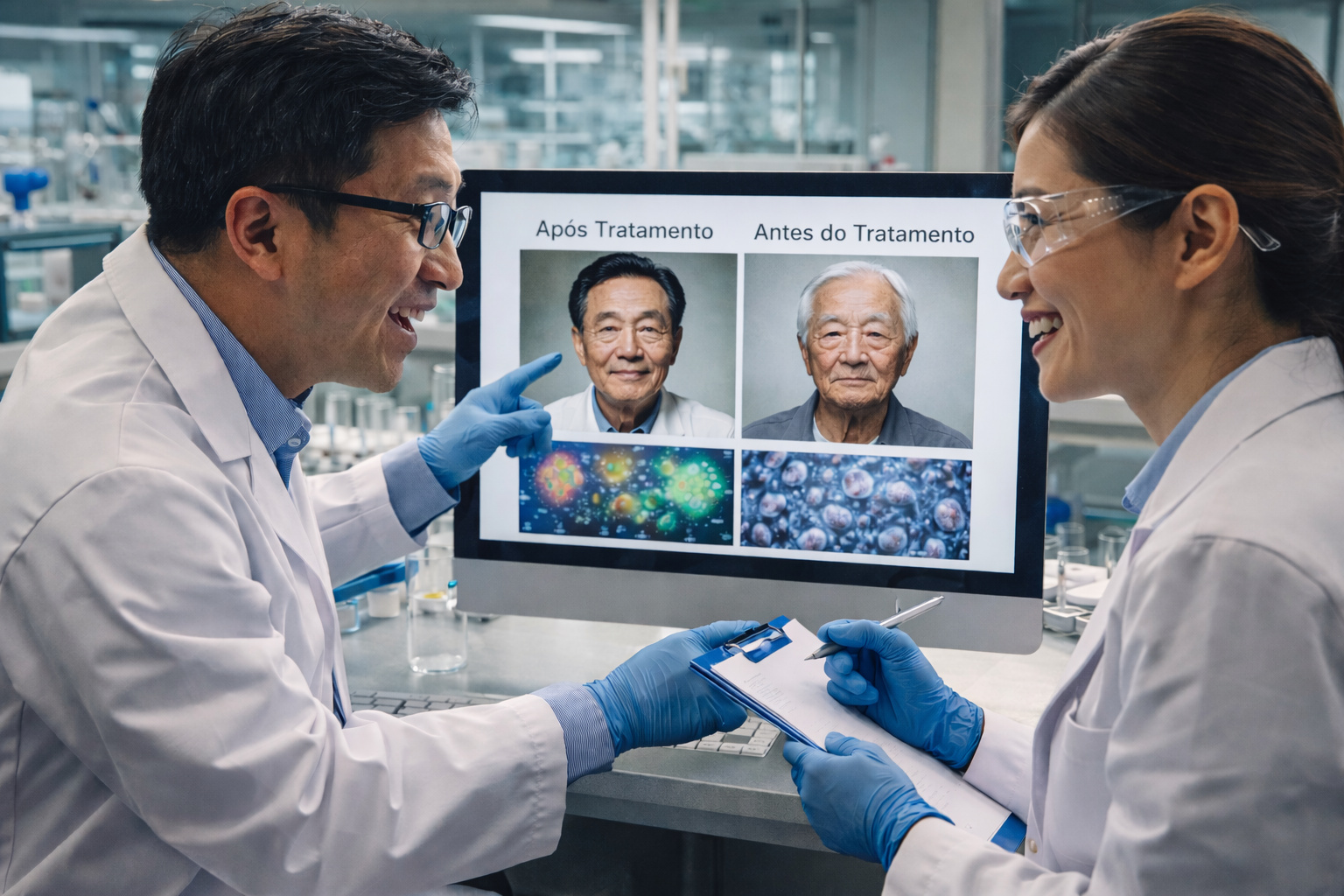 Cientistas japoneses em laboratório analisam estudo sobre retardo do envelhecimento celular comparando imagens antes e depois do tratamento.