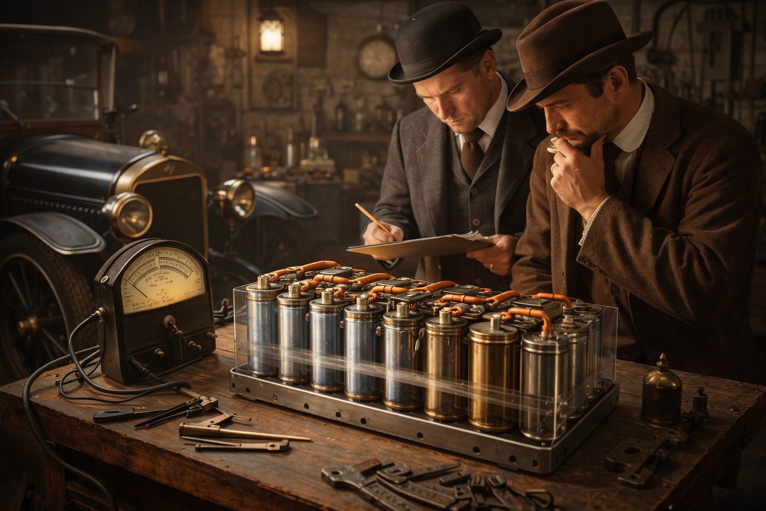 Inventores do início do século 20 analisam bateria de níquel-ferro ao lado de carro elétrico antigo em oficina histórica.