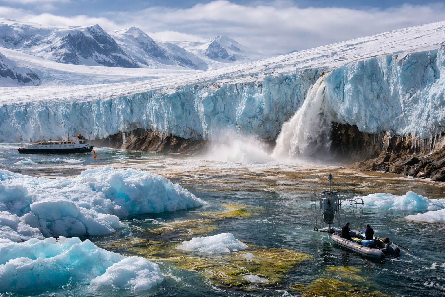 Glaciar na Antártida em processo de degelo no Mar de Amundsen, com água turva rica em sedimentos e manchas de algas, enquanto pesquisadores coletam amostras próximas à plataforma de gelo.
