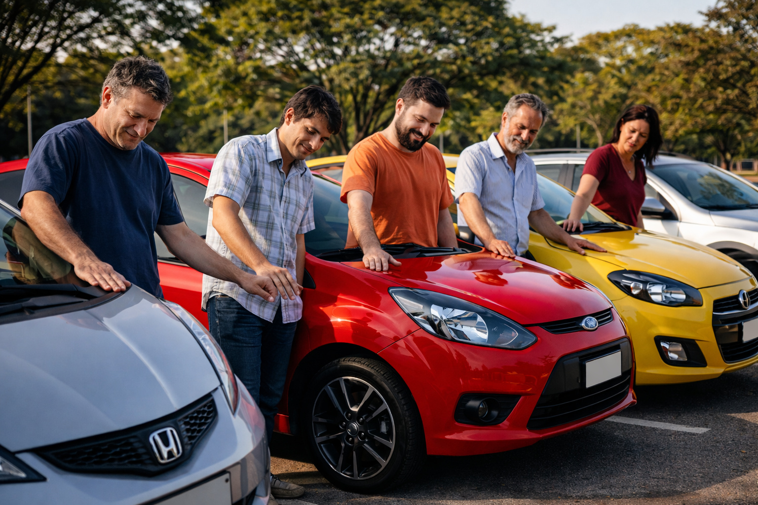Donos observam com expressão de saudosismo Honda Fit, Ford Ka Sport, Fiat Palio Sporting, Toyota Corolla S e Volkswagen Saveiro Cross alinhados em estacionamento ao ar livre.