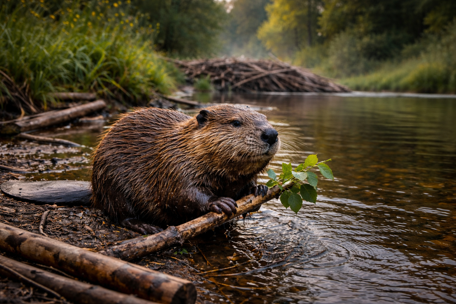 Castor europeu em margem de rio em Norfolk, registrado após quase 500 anos de ausência na região do leste da Inglaterra.