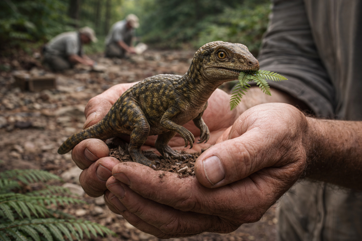 Dinossauro herbívoro de pequeno porte sendo segurado nas mãos de um pesquisador em área de escavação no norte da Espanha, representando o chamado dinossauro de bolso do Cretáceo Inferior.