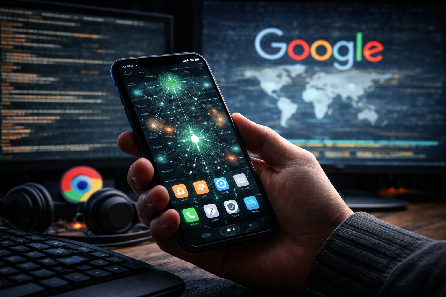 Celular Android exibindo rede de conexões enquanto operação do Google monitora e desmonta esquema global de proxy oculto em aplicativos