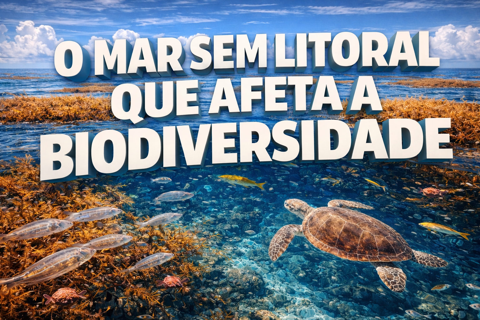 Mar sem litoral cercado por correntes marítimas com algas sargassum, tartaruga marinha e peixes em habitat natural no oceano aberto