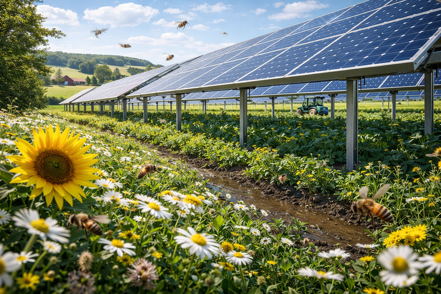 Painéis solares instalados em fazenda agrícola com abelhas, vegetação espontânea e cultivo sob estruturas fotovoltaicas no campo