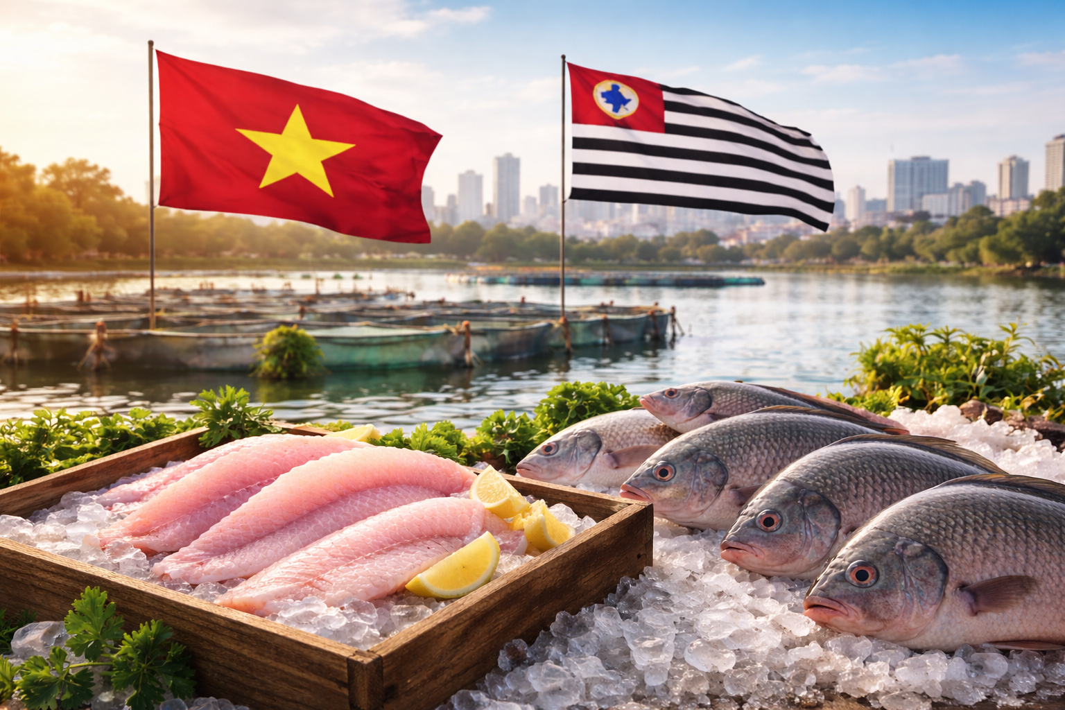 Tilápias frescas e filés sobre gelo em viveiro aquícola, com referência à produção paulista e à importação do Vietnã.