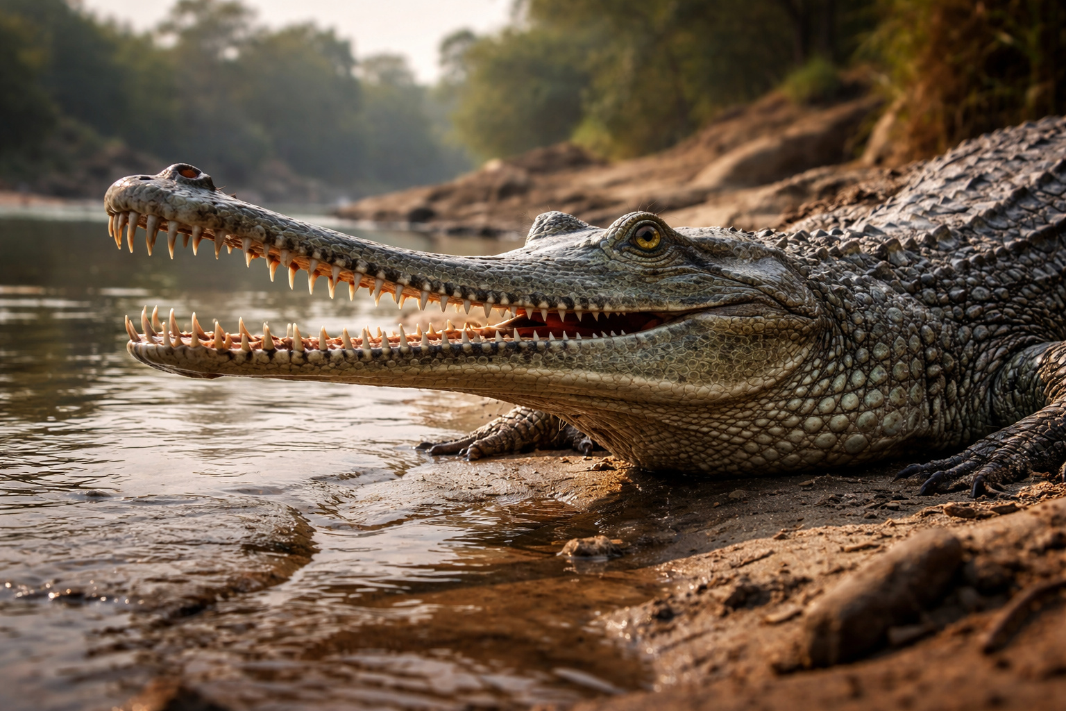 Gavial-do-Ganges, réptil gigante primo dos jacarés, repousa às margens de um rio asiático preservado, habitat essencial para sua sobrevivência.