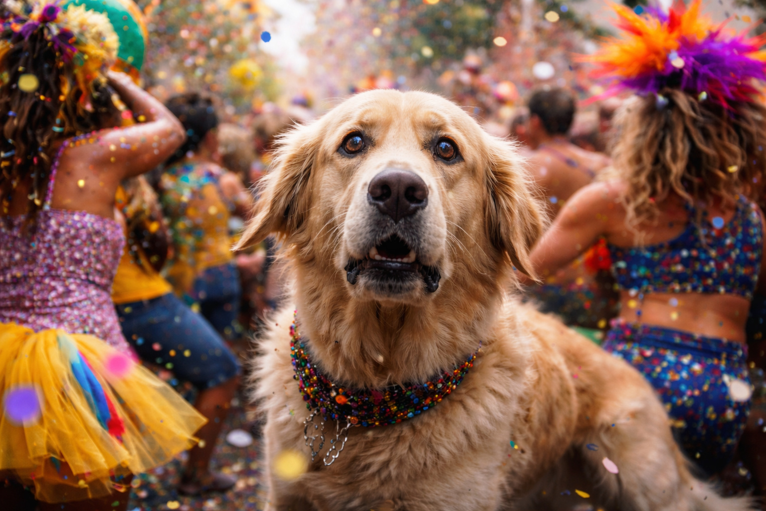 Cão em meio a multidão no Carnaval, cercado por confetes e pessoas fantasiadas, representando estresse e sobrecarga sensorial em pets