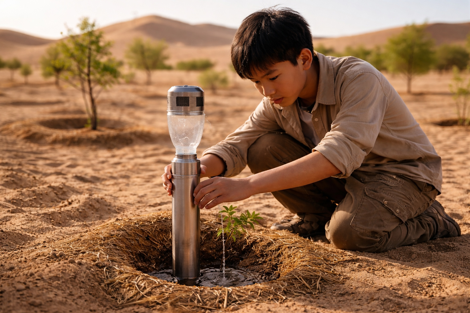 Adolescente de 14 anos instala sistema passivo que produz água por condensação do ar para irrigar muda em região desértica da China.