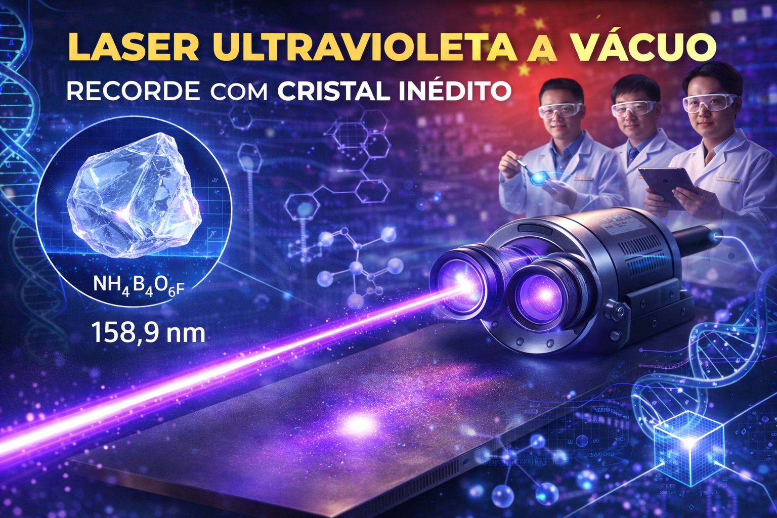 China acaba de criar o laser de estado sólido com o menor comprimento de onda do mundo, de 158,9 nm, usando um cristal inédito e um tipo de luz difícil de produzir, muito cobiçado no mundo