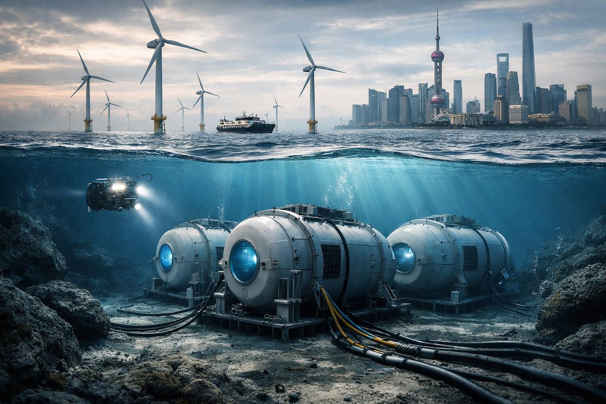 primeiro centro de dados subaquático com energia eólica usa água do mar, refrigeração líquida e trocador de calor para reduzir energia de refrigeração.