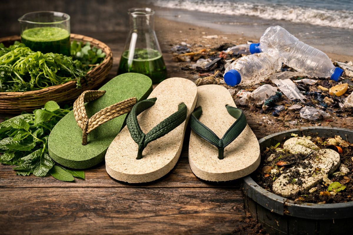 lixo plástico: chinelos de dedo com espuma biodegradável contra poluição plástica e lixo no oceano.