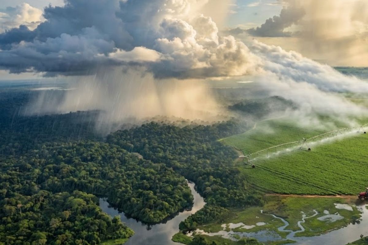 Amazônia em foco: estudo quantifica valor da chuva para a agricultura e mostra como o desmatamento enfraquece rios voadores e a precipitação.