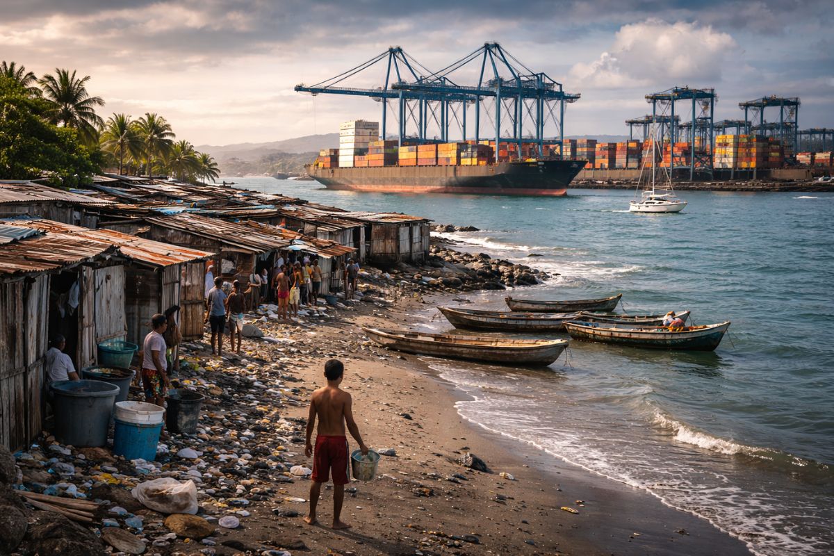 Colômbia expõe contraste entre litoral, portos e interior andino, onde a riqueza circula sem reduzir a pobreza nas cidades costeiras.