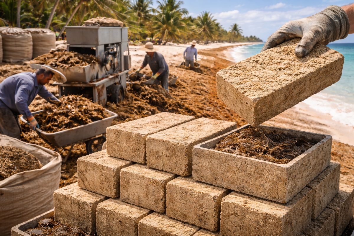 Sargaço vira Sargablocks em Puerto Morelos, Quintana Roo, México e transforma custo de limpeza em tijolos com 40% de alga, usados para erguer casas simples após furacões.
