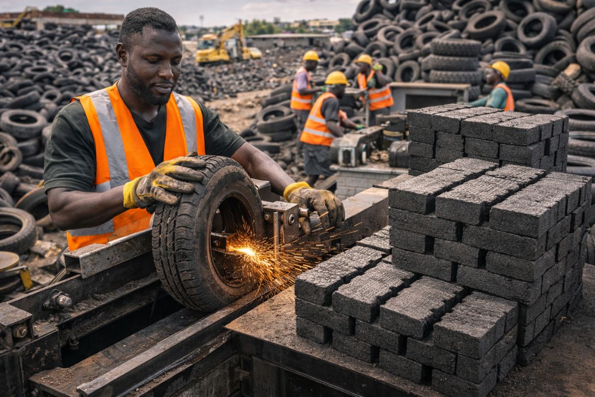 Empreendedor nigeriano acelera a reciclagem de pneus em Lagos ao transformar pneus velhos em piso e tijolos de borracha, com linha industrial, números de capacidade e pontos críticos de energia, saúde pública e escala até 2026.