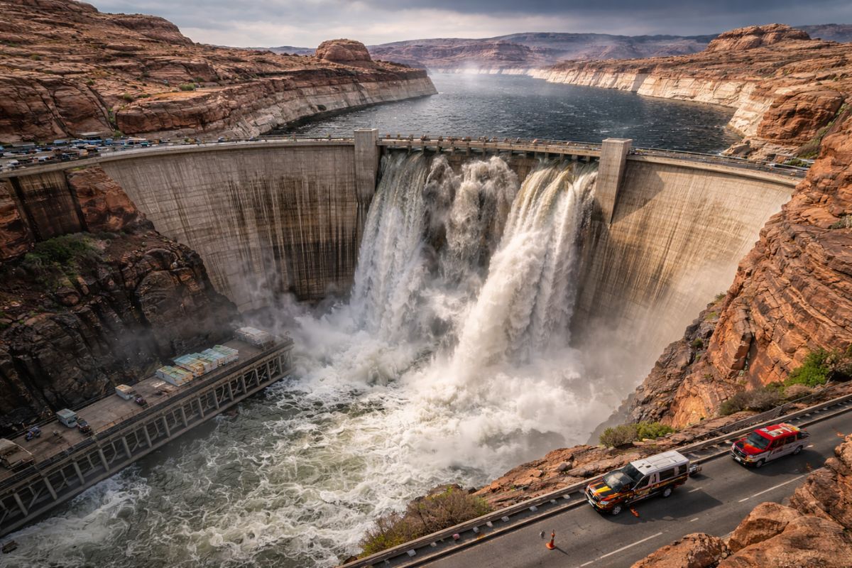 colapso da barragem de Glen Canyon no Rio Colorado, Lago Powell em baixa, cavitação nas turbinas e risco de reservatório morto, com impactos na governança e soluções até 2026.