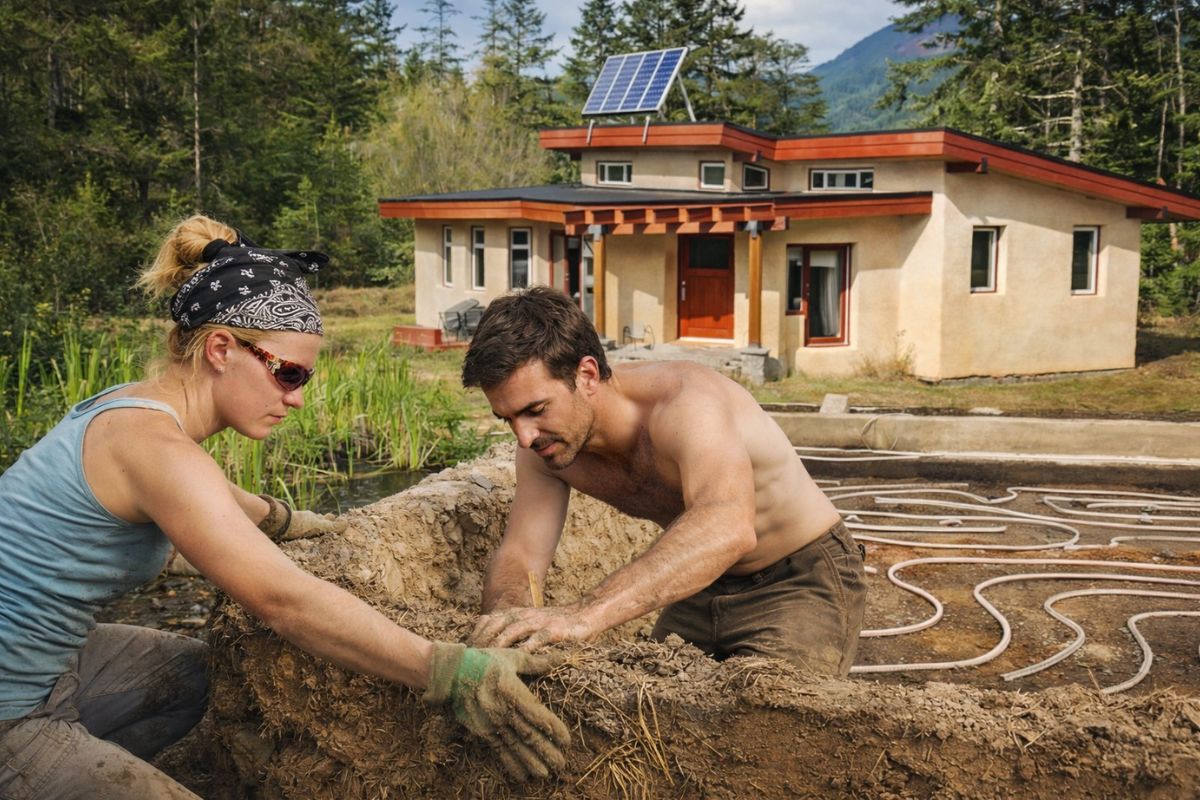 Casa moderna une construção eficiente, energia própria, água tratada e conforto diário em projeto autossuficiente com barro, palha e argila.
