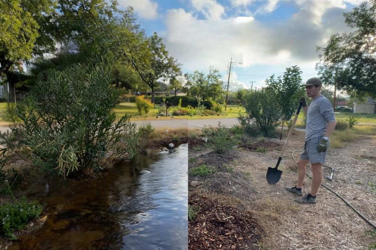 Riacho seco no Texas Central captura galões com pedras e plantas nativas, reduz inundações e infiltra água no solo; entenda a lógica, as medidas e os pontos críticos do vertedouro no projeto.