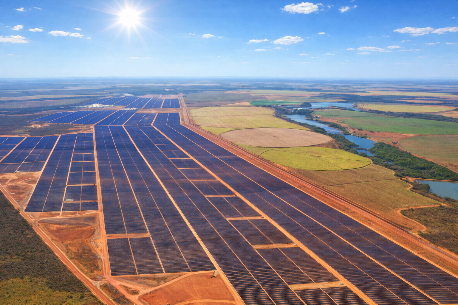 Vista aérea de uma grande usina solar com painéis fotovoltaicos sob luz intensa do sol às 14h, em área rural com rios e plantações.