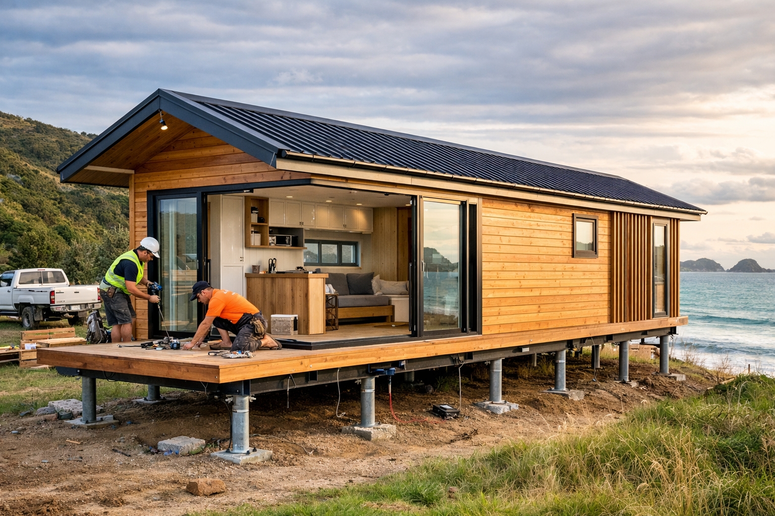 Construção de casa pequena de 12 x 4 metros em área costeira na Nova Zelândia surpreende com estrutura fixa inteligente e prova que engenharia transforma espaços reduzidos em ambientes com conforto de apartamento