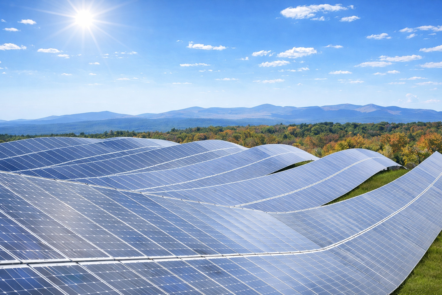 Painéis solares dispostos em ondas sobre terreno verde, sob céu azul ensolarado com sol em destaque e montanhas ao fundo.