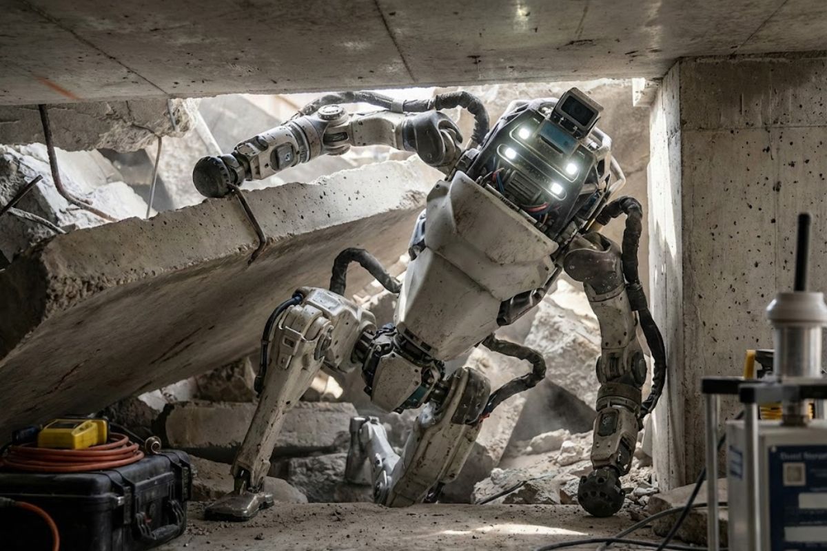 robô Atlas em resgate com autonomia e graus de liberdade: como a operação em desabamento reduz risco humano e acelera decisões críticas.