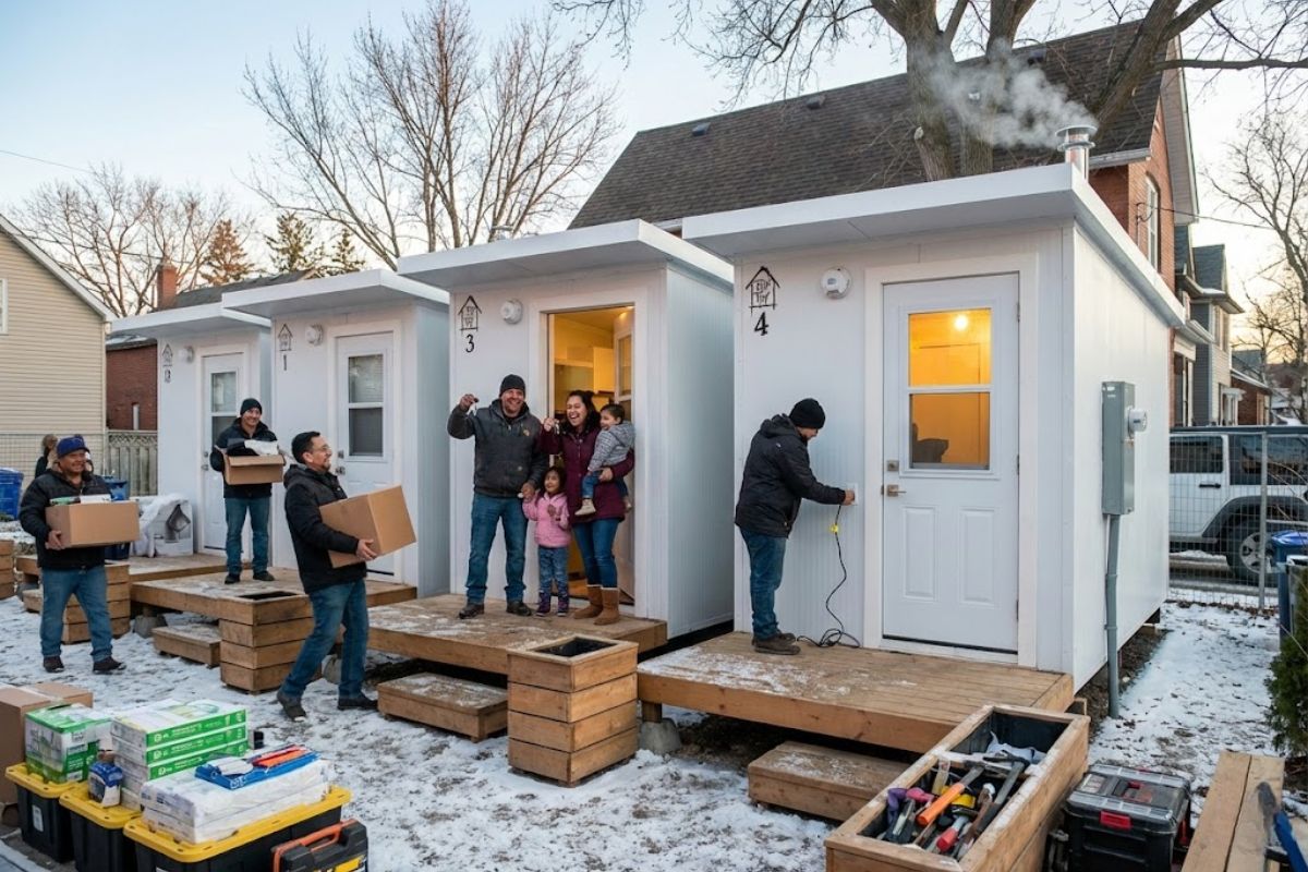 microcasas em Leslieville: microcasas aquecidas da Seeds of Hope viram ponte para moradia permanente com eletricidade e apoio social.