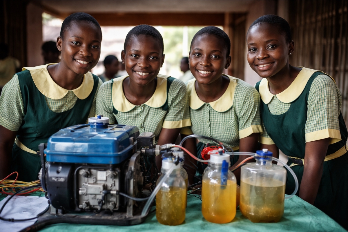 Quatro adolescentes desenvolvem um gerador movido a urina que, usando eletrólise e materiais simples, teria produzido até 6 horas de eletricidade com apenas um litro do resíduo