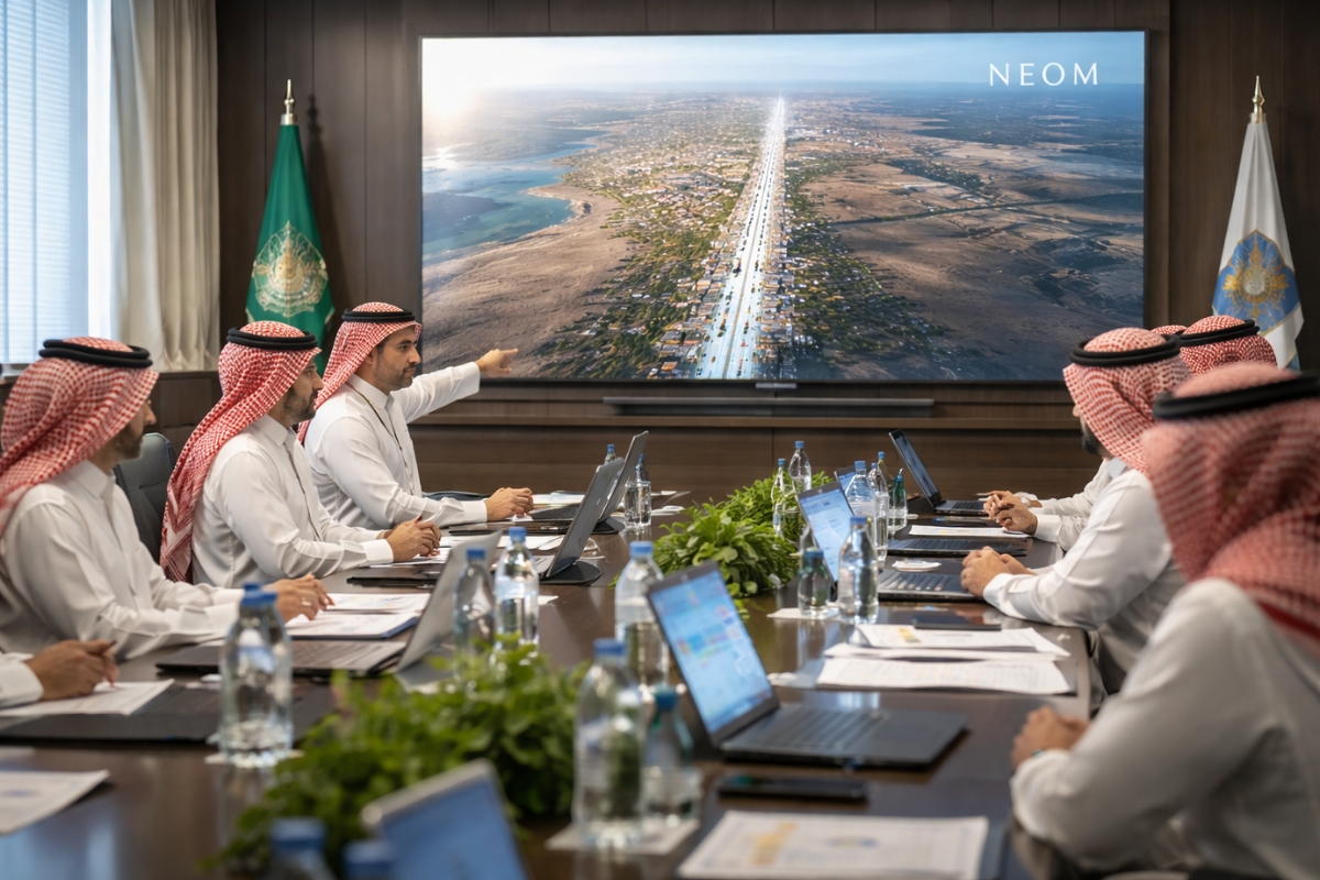 Depois de gastar 50 bilhões de dólares, a Arabia Saudita avançou com uma cidade de 170 km no deserto, ergueu estacas e fábricas de concreto, viu os custos explodirem, suspendeu a obra em 2025 e passou a investir em inteligência artificial